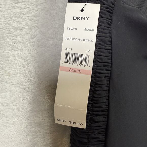 DKNY One Piece Swimsuit Women's 10 Black Scrunch Slim Sides V Neck Tie Halter - Picture 9 of 11